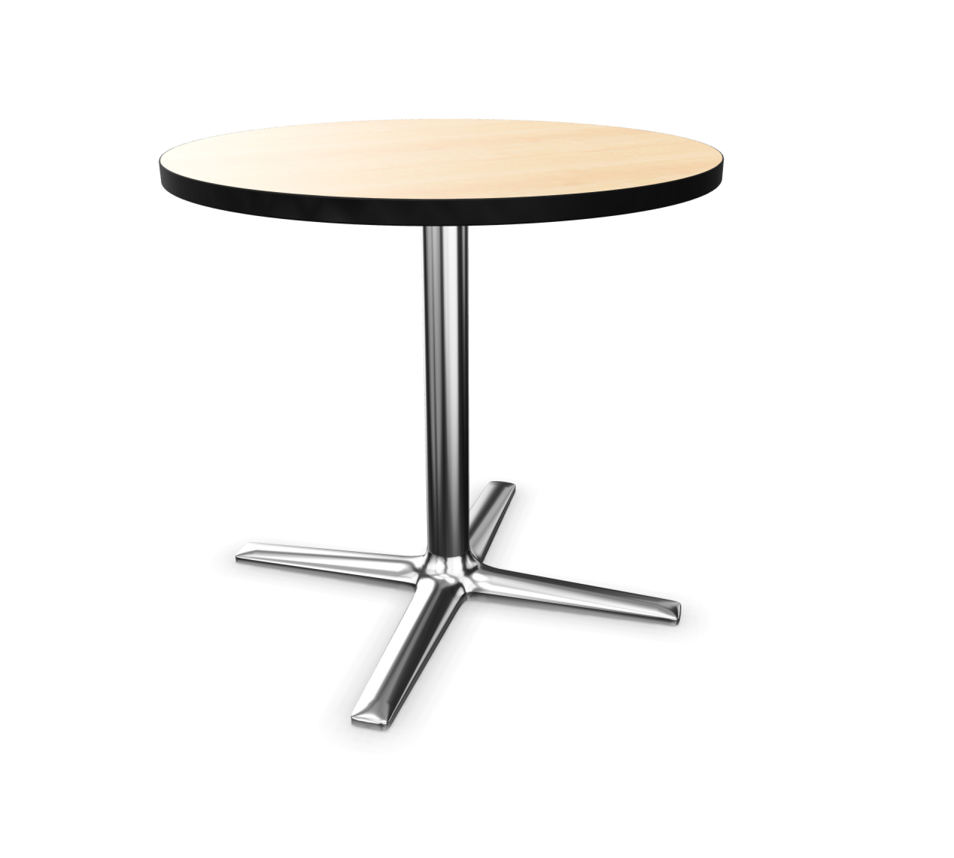 Brunner Lift Stehtisch mit hellem Holztischblatt und verchromtem Mittelsäulenfuß. Höhenverstellbarer Tisch für Gastronomie.